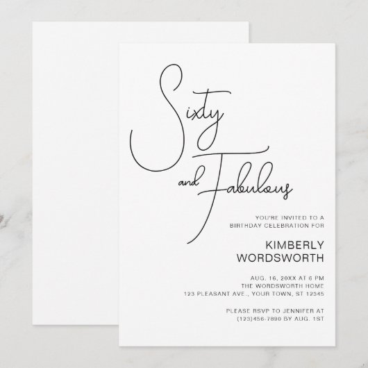 Modern Script Sixty and Fabulous 60th Birthday Kaart (Voorkant / Achterkant)