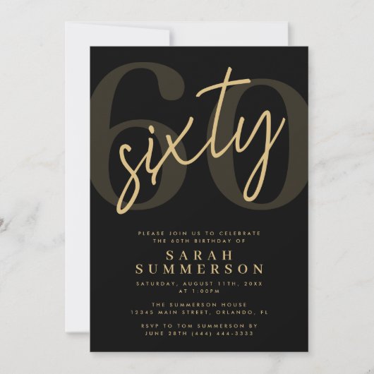 Modern Script Sixty Black Gold 60th Birthday Party Kaart (Voorkant)