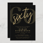 Modern Script Sixty Black Gold 60th Birthday Party Kaart (Voorkant / Achterkant)