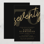 Modern Script Sixty Black Gold 70th Birthday Party Kaart (Voorkant / Achterkant)