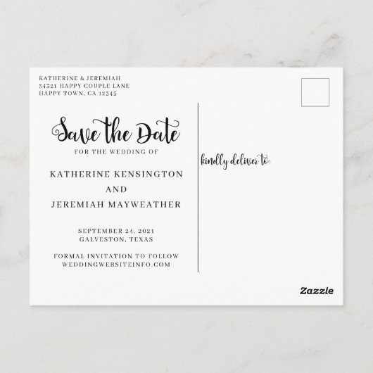 Modern Script Sla het Date Photo Verloving op Briefkaart (Achterkant)