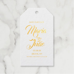Modern Script Sla onze datum op Dubbele harten Cadeaulabels