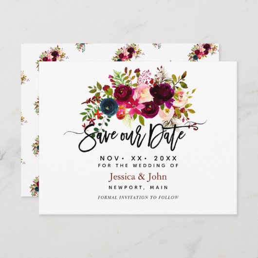 Modern script slaat onze datum op, Waterverf bloem Save The Date (Voorkant / Achterkant)