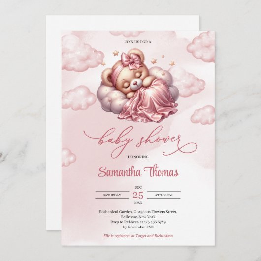 Modern script slapen beer meisje Baby shower Kaart (Voorkant / Achterkant)