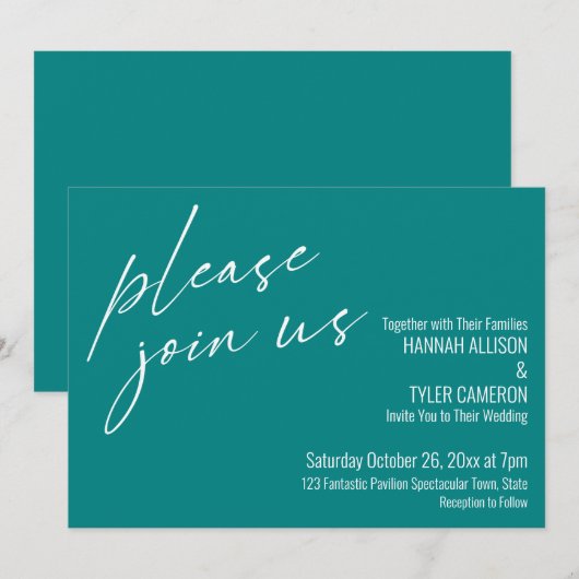 Modern script: sluit je aan bij ons Blauwgroen huw Kaart (Voorkant / Achterkant)