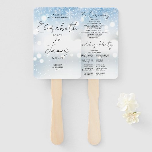 Modern Script Sneeuwvlokken Winter Trouwprogramma Handwaaier (Voorkant en achterkant)