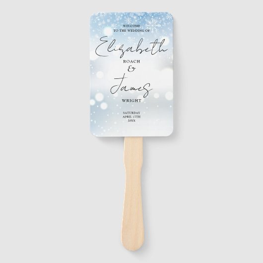 Modern Script Sneeuwvlokken Winter Trouwprogramma Handwaaier (Voorkant)