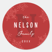 Modern Script Snowflakes Family Name Holiday Favor Ronde Sticker (Voorkant)