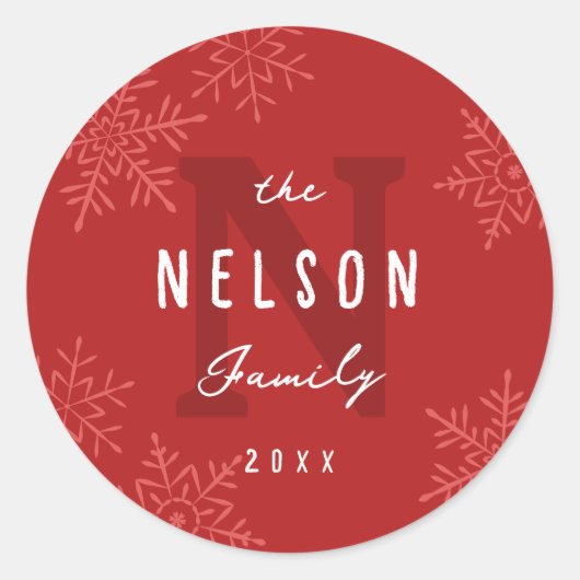 Modern Script Snowflakes Family Name Holiday Favor Ronde Sticker (Voorkant)