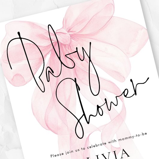 Modern Script Soft Pink Bow Baby Shower Kaart