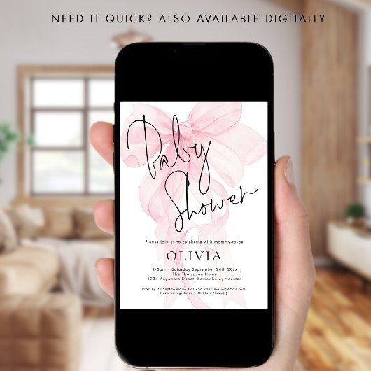 Modern Script Soft Pink Bow Baby Shower Kaart