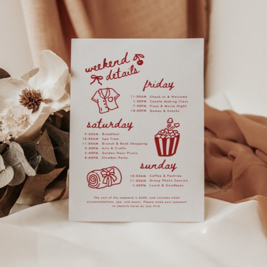 Modern Script Spa Bachelorette Weekend Itinerarium Informatiekaartje