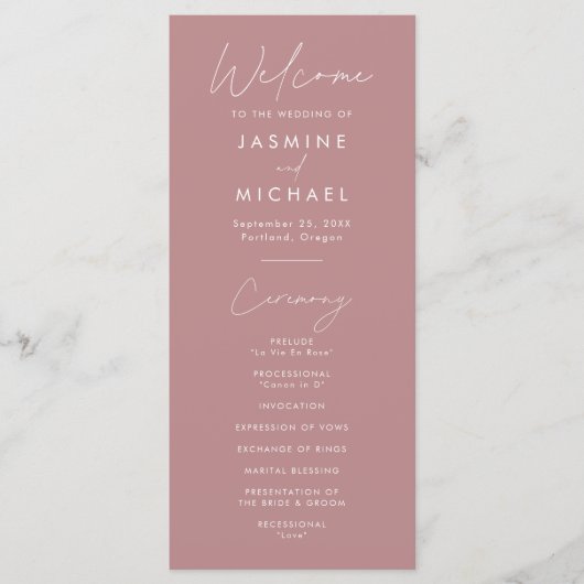 Modern Script Stof Roze Huwelijksprogramma (Voorkant)