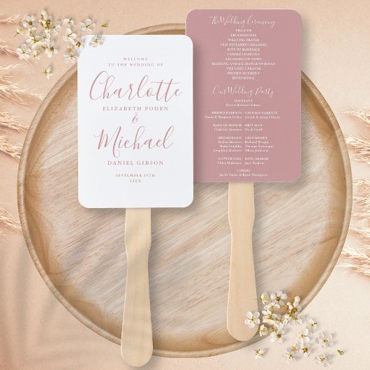 Modern Script Stof Roze Huwelijksprogramma Handwaaier
