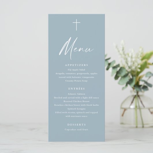 Modern Script Stofblauw Doop Menu (Staand voorkant)