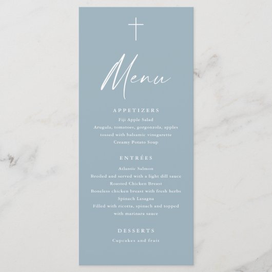 Modern Script Stofblauw Doop Menu (Voorkant)