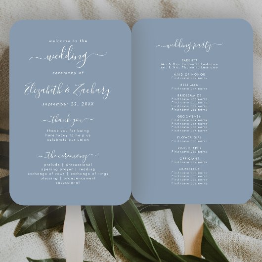 Modern Script Stofblauw Huwelijksprogramma Handwaaier
