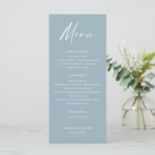 Modern Script Stofblauw Trouwmenu Programmakaart (Staand voorkant)