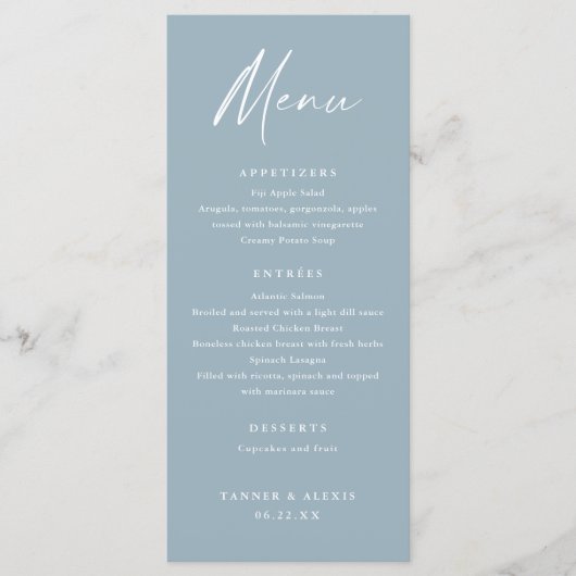 Modern Script Stofblauw Trouwmenu Programmakaart (Voorkant)