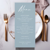 Modern Script Stofblauw Trouwmenu Programmakaart