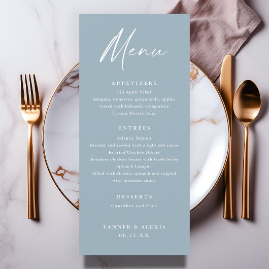 Modern Script Stofblauw Trouwmenu Programmakaart