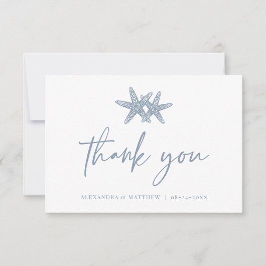 Modern Script Strand Zeester Stoffig Blauw Bruilof Bedankkaart (Voorkant)