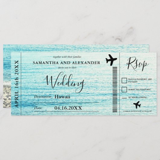 Modern script strandvliegtuig boarding pass bruilo kaart (Voorkant / Achterkant)