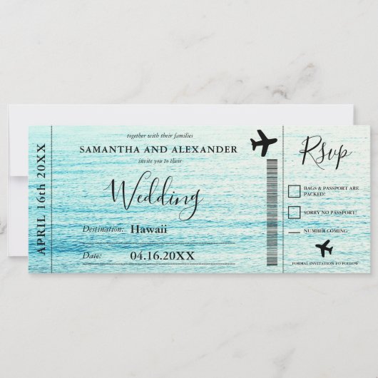 Modern script strandvliegtuig boarding pass bruilo kaart (Voorkant)