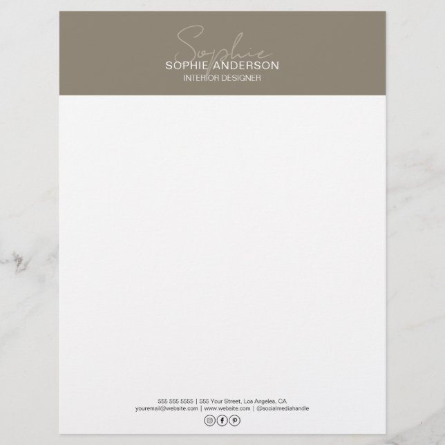 Modern Script Taupe Zakelijk Briefpapier Briefhoofd (Voorkant)