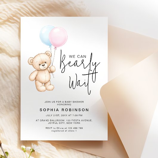 Modern script Teddy Bear Minimalistisch Baby showe Kaart