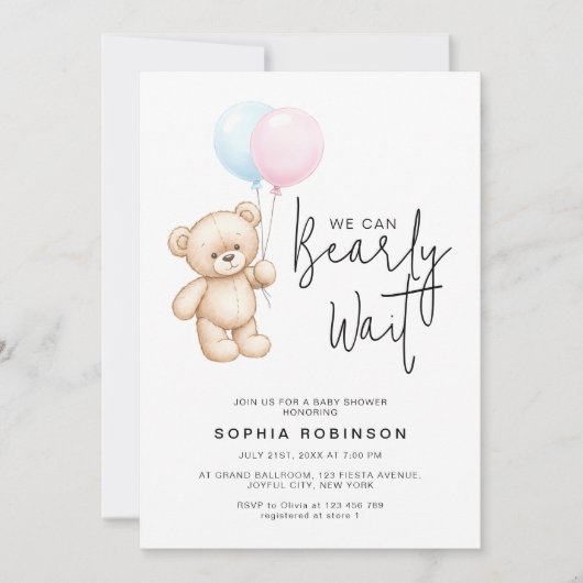 Modern script Teddy Bear Minimalistisch Baby showe Kaart (Voorkant)
