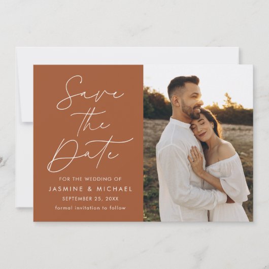 Modern Script Terracotta 2 Foto Save The Date (Voorkant)