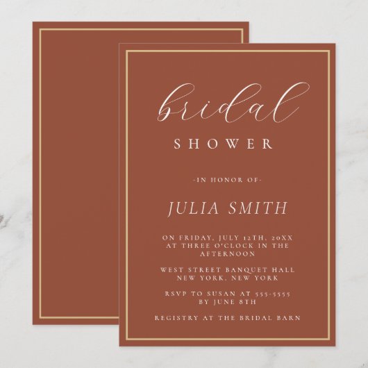 Modern Script Terracotta Bruids Douche Uitnodiging (Voorkant / Achterkant)