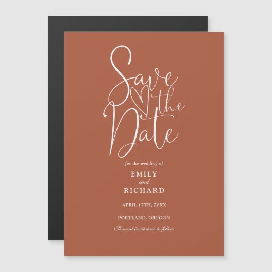 Modern script terracotta bruiloft save the date magnetische uitnodiging (Voorkant / Achterkant)