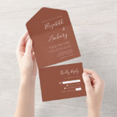 Modern Script Terracotta Burnt Sinaasappel Wedding All In One Uitnodiging (Afscheurbaar)
