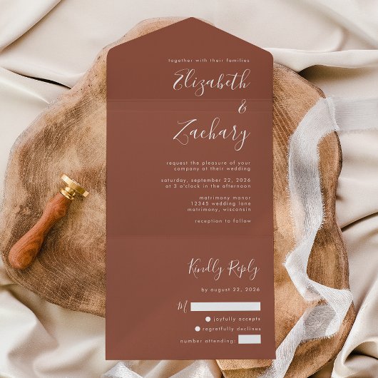 Modern Script Terracotta Burnt Sinaasappel Wedding All In One Uitnodiging