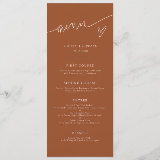Modern Script Terracotta Huwelijksmenu Menu (Voorkant)
