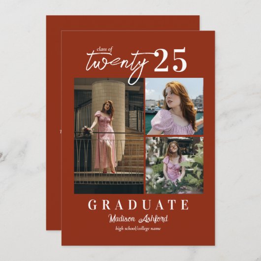 Modern Script Terracotta Photo Collage Afstuderen Aankondiging (Voorkant / Achterkant)