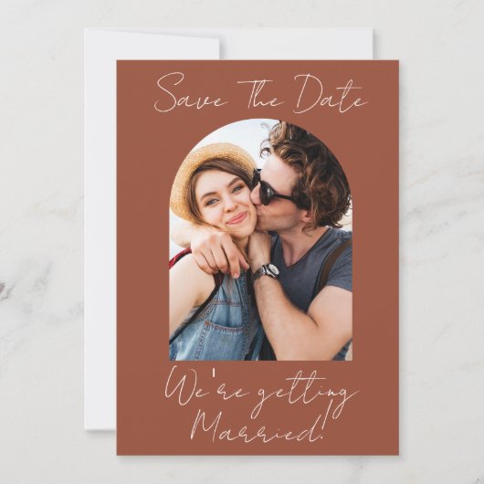 Modern Script Terracotta Photo Monogram  Save The Date (Voorkant)
