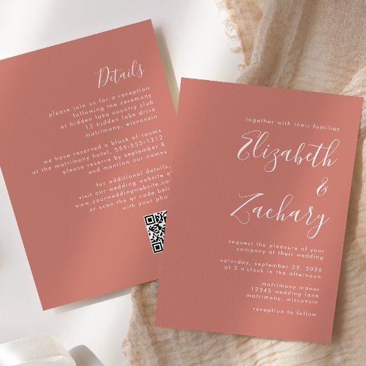Modern Script Terracotta QR Code Wedding Kaart