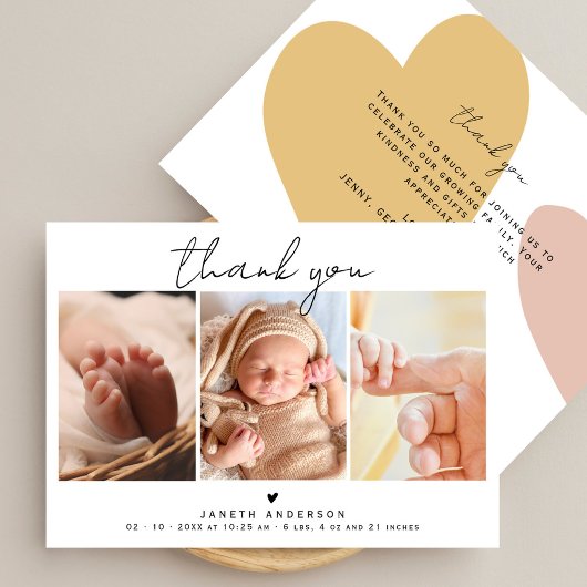 Modern Script Thank You 3 Photos Baby Shower  Bedankkaart