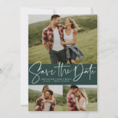 Modern script trendy drie foto groen save the date (Voorkant)