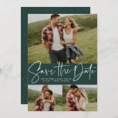 Modern script trendy drie foto groen save the date (Voorkant / Achterkant)