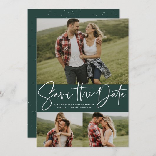 Modern script trendy drie foto groen save the date (Voorkant / Achterkant)