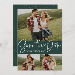 Modern script trendy drie foto groen save the date