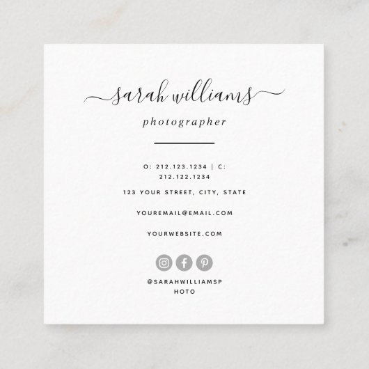 Modern Script Trendy Typography Photographer Vierkante Visitekaartje (Achterkant)