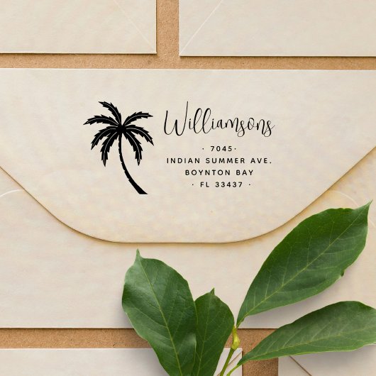 Modern Script Tropical Palm Tree Retouradres Rubberstempel