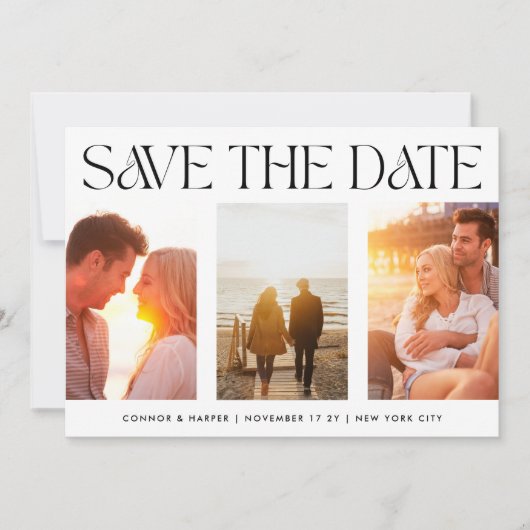 MODERN script Trouwkaart met drie foto's Save The Date (Voorkant)