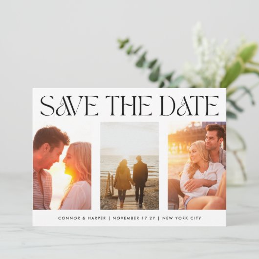 MODERN script Trouwkaart met drie foto's Save The Date (Staand voorkant)