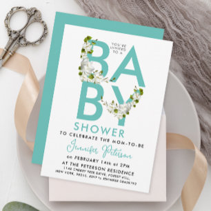 Modern Script Turquoise Baby shower Floral Kaart